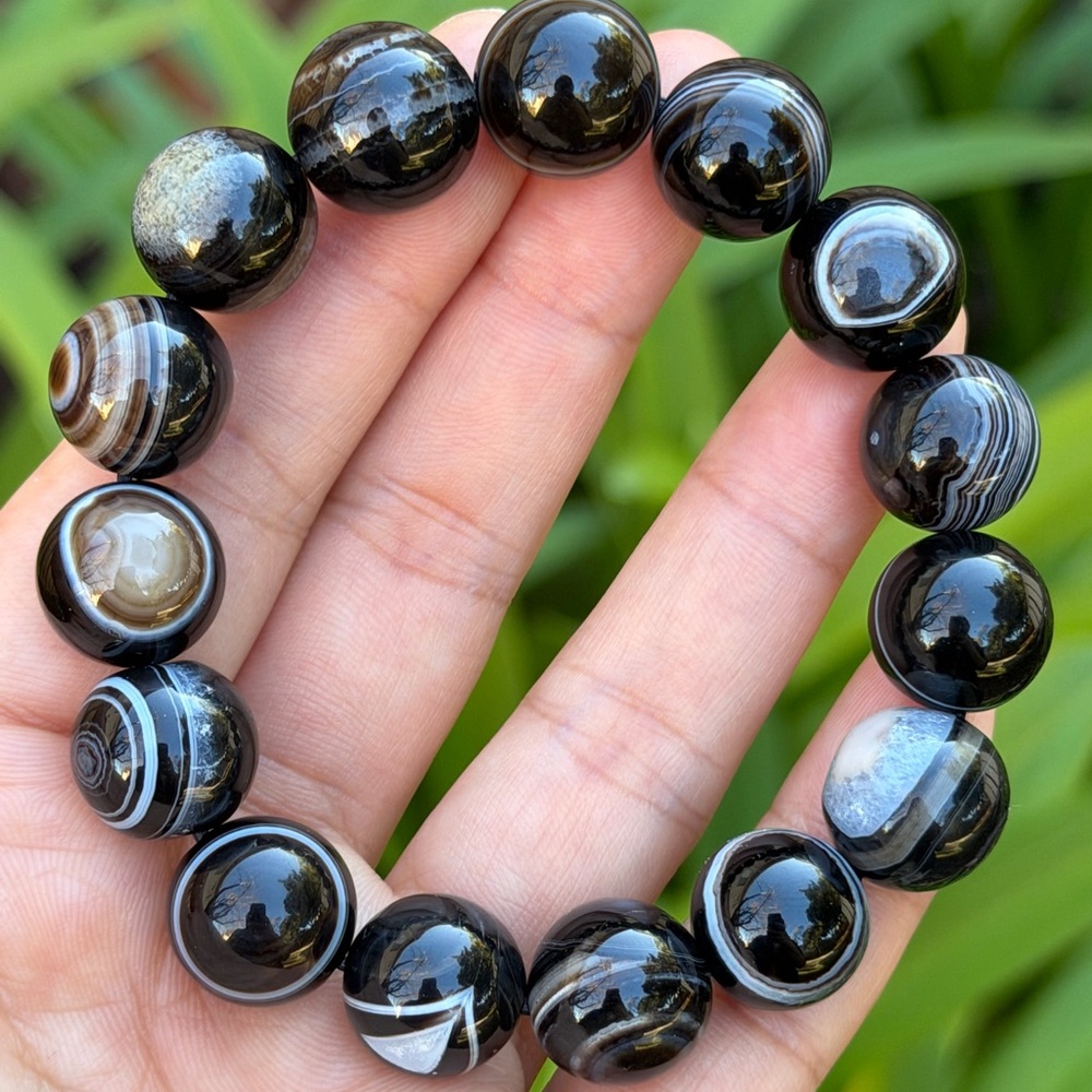 14mm stretchable evil eye black banded agate bracelet 0935